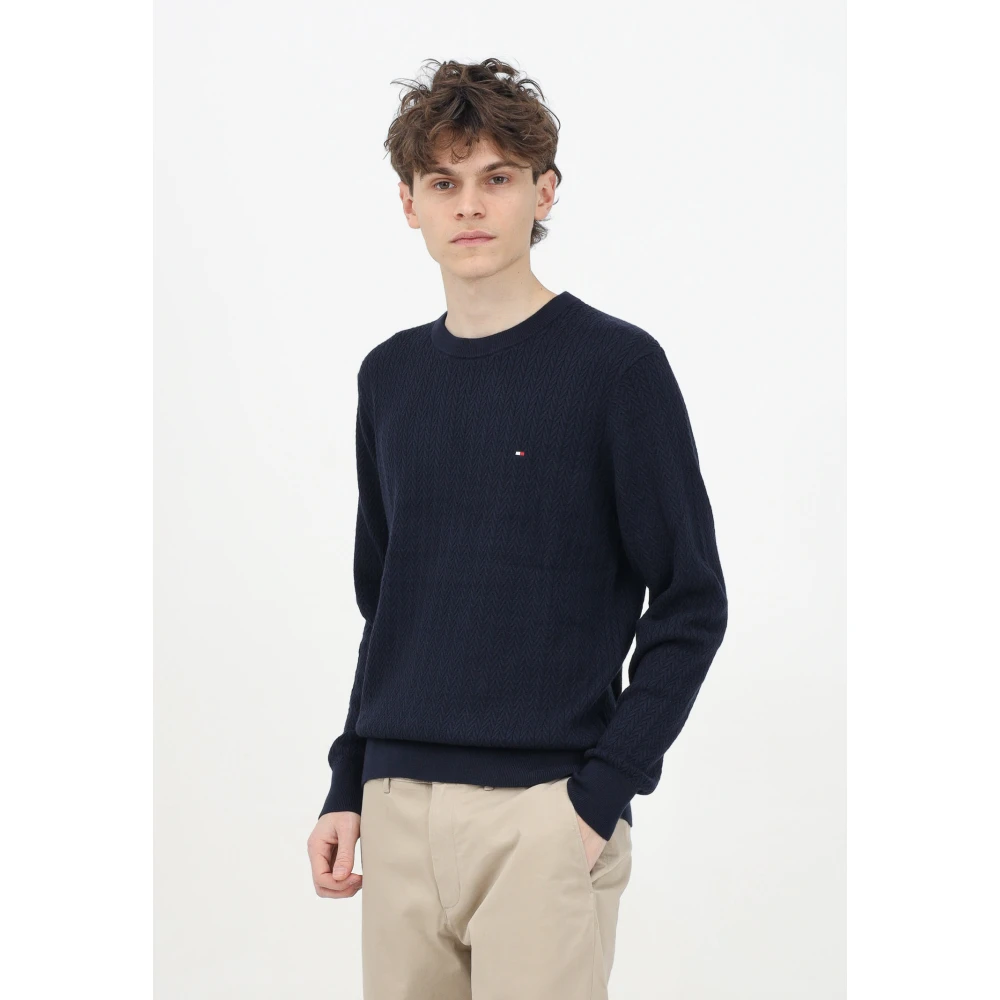 Tommy Hilfiger Blauwe Crew Neck Sweater Visgraatpatroon Blue Heren