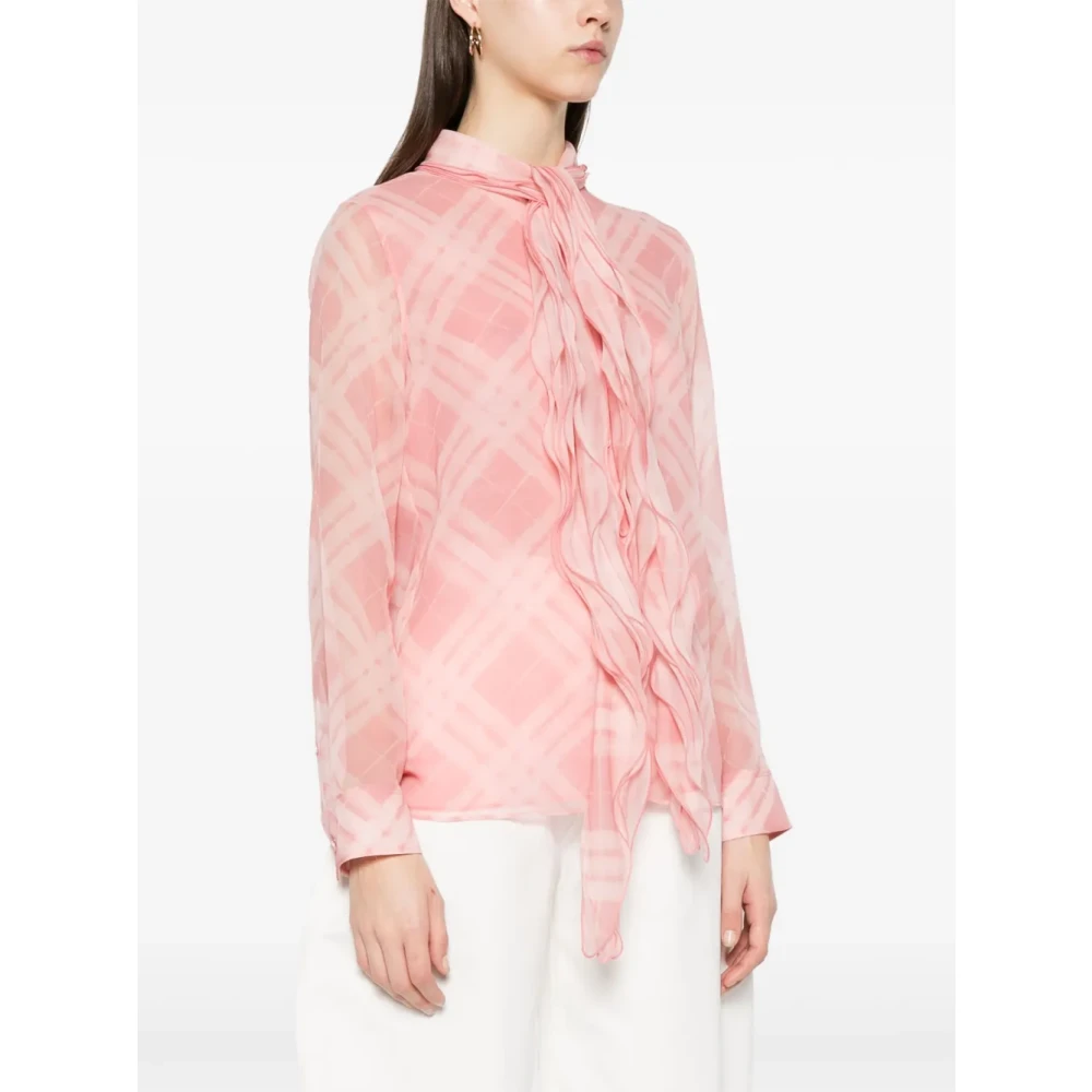 Burberry Roze Zijden Check Neck Blouse Pink Dames