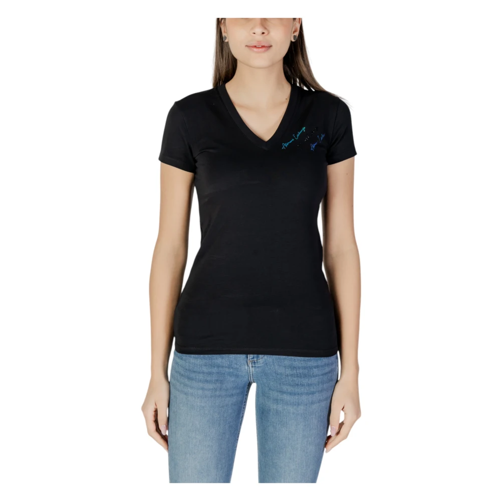 Armani Exchange Women's Black T-Shirts,, V-Neck Cotton T-Shirt Extra Large