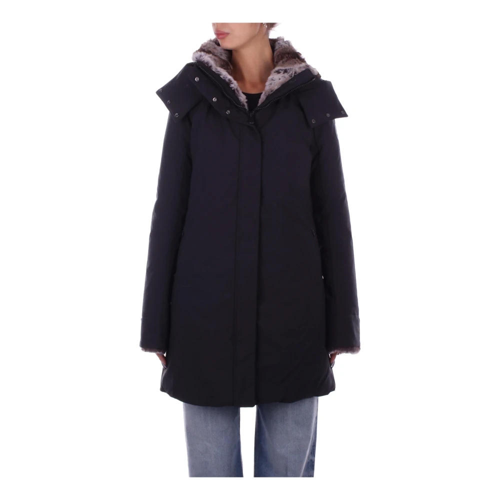 Save The Duck Zwarte jas met capuchon rits knoop zakken Black Dames