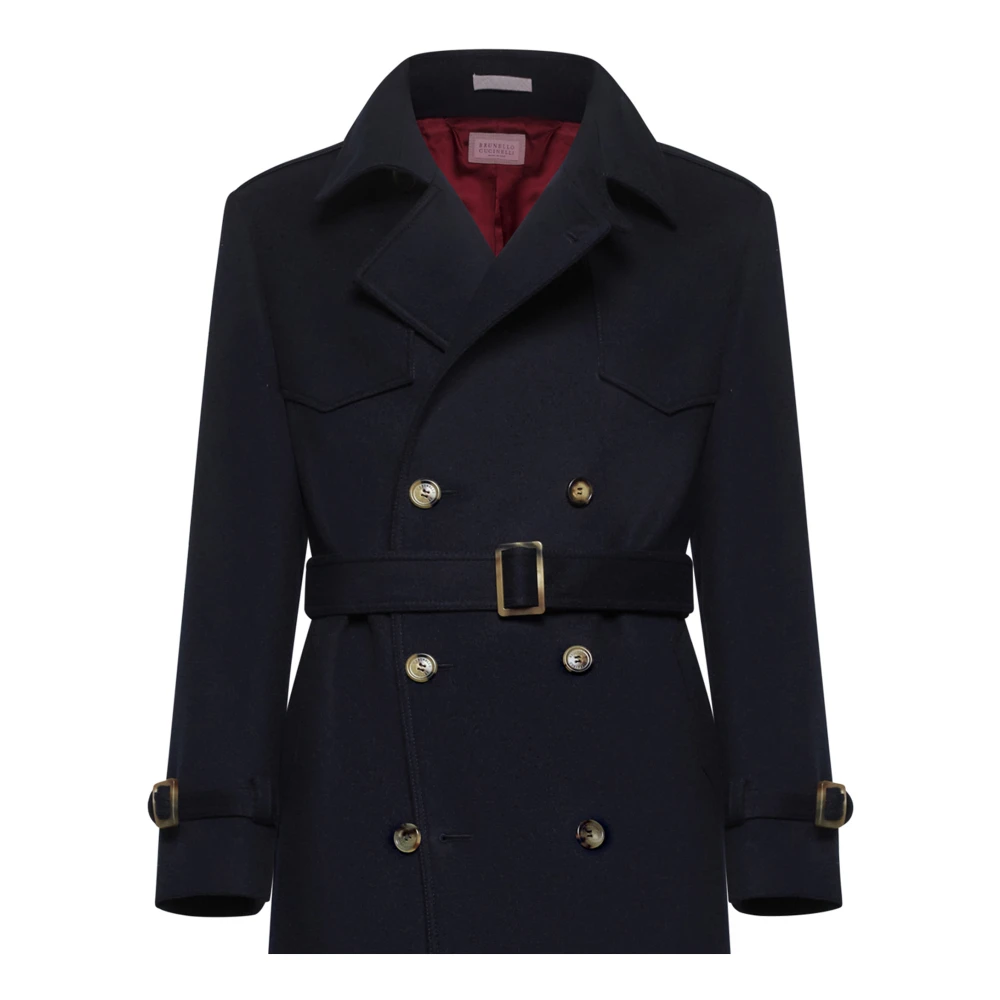 BRUNELLO CUCINELLI Navy Blue Wool Trench Coat Blue Heren