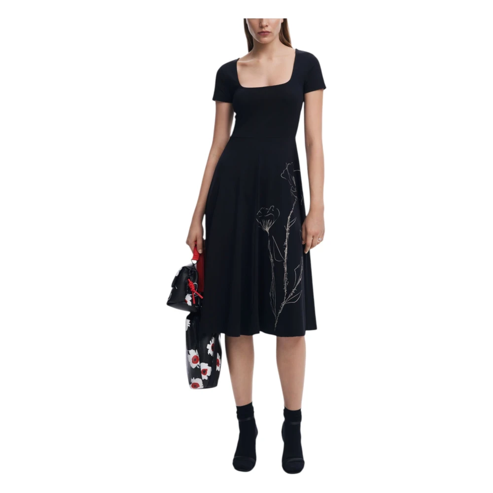 Desigual Women's Black Midi Dresses,, Square Neckline Summer Dress Extra Large