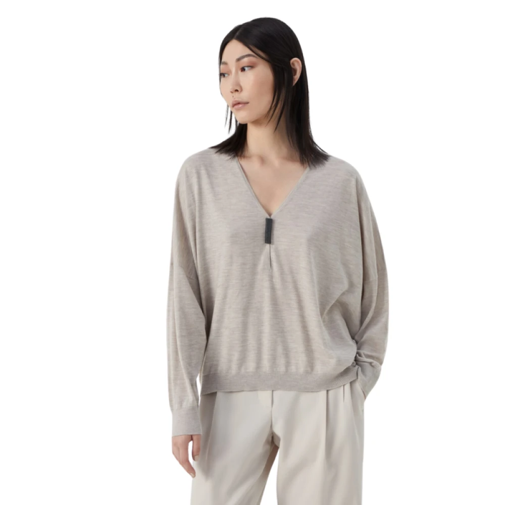 BRUNELLO CUCINELLI Lichte Kasjmier Zijde V-Hals Trui met Precieuze Details Beige Dames