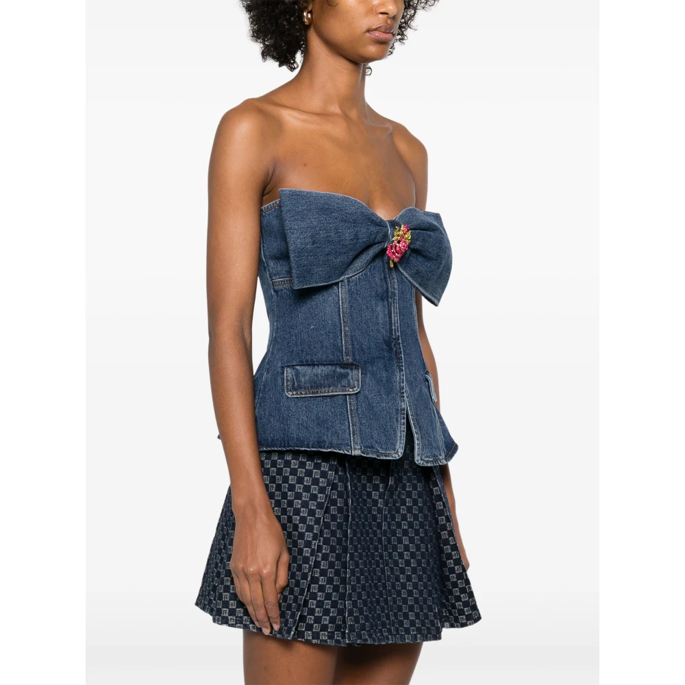 Self Portrait Blauwe Denim Bandeau Top met Diamanten Broche Blue Dames