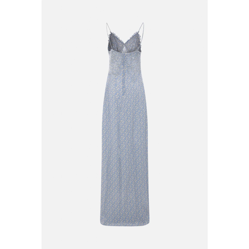 Ermanno Scervino Blauwe Bloemen Lange Jurk met Kant Blue Dames