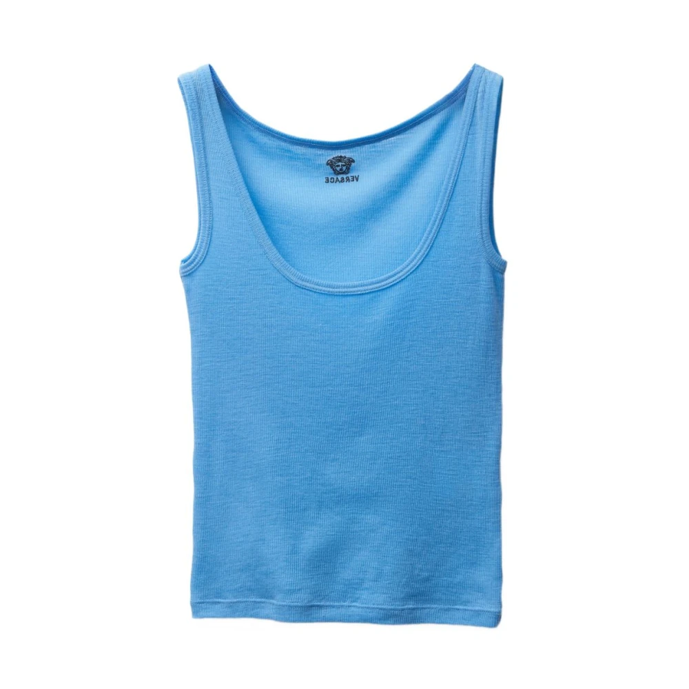 Versace , Sleeveless Tops, Female, Blue, L, Embroidered Ribbed Wool Tank Top