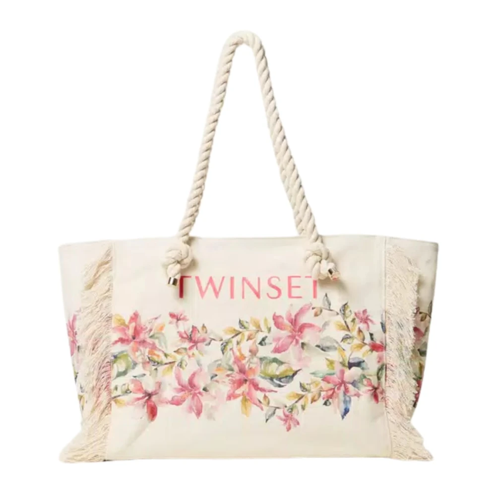 Twinset Canvas Shopper Tas met Rafelranden Beige Dames