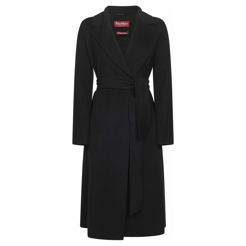 Max Mara Studio Black Belted Coats, Female, Xs, Wool Silk Cashmere Coat