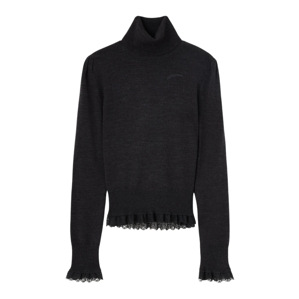 Ganni Donna Nero - Dolcevita In Lana Merino Con Dettagli In Pizzo - Knitwear - M