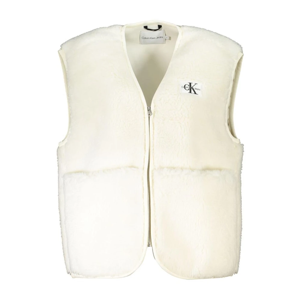 Calvin Klein Women's White Sleeveless Polyester Jacket With Logo Applique - Waistcoats - Xs- Jackets