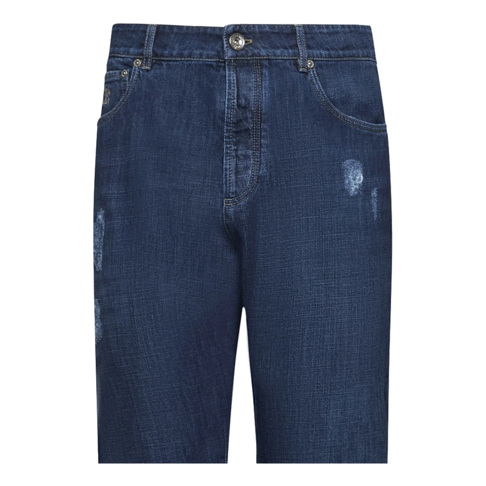 BRUNELLO CUCINELLI Blauwe Denim Straight-Leg Jeans met Rips Blue Heren