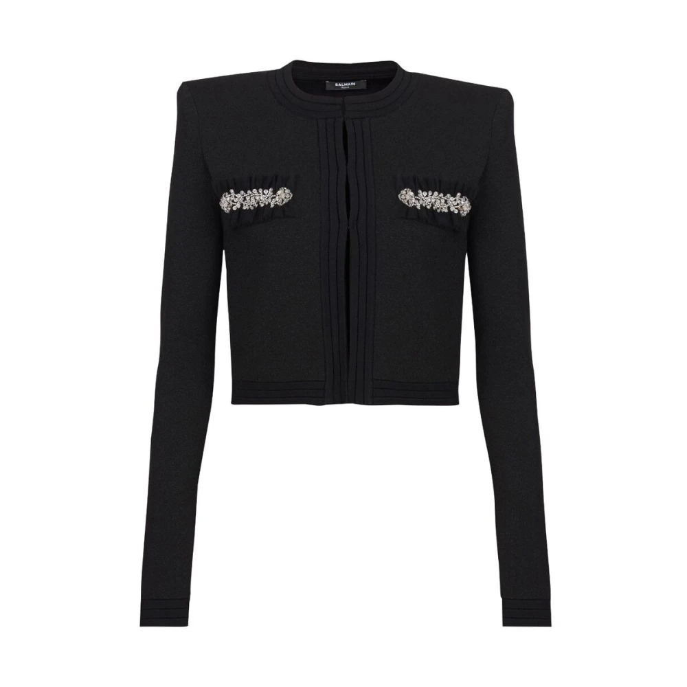 Balmain Zwarte Kristalversierde Gebreide Trui Black Dames