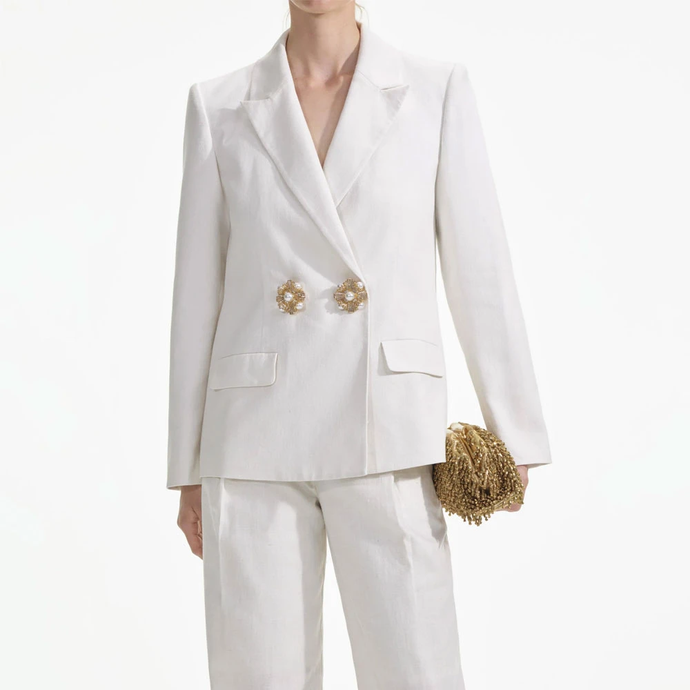 Self Portrait Linnen Broek Tailored Fit Wit White Dames