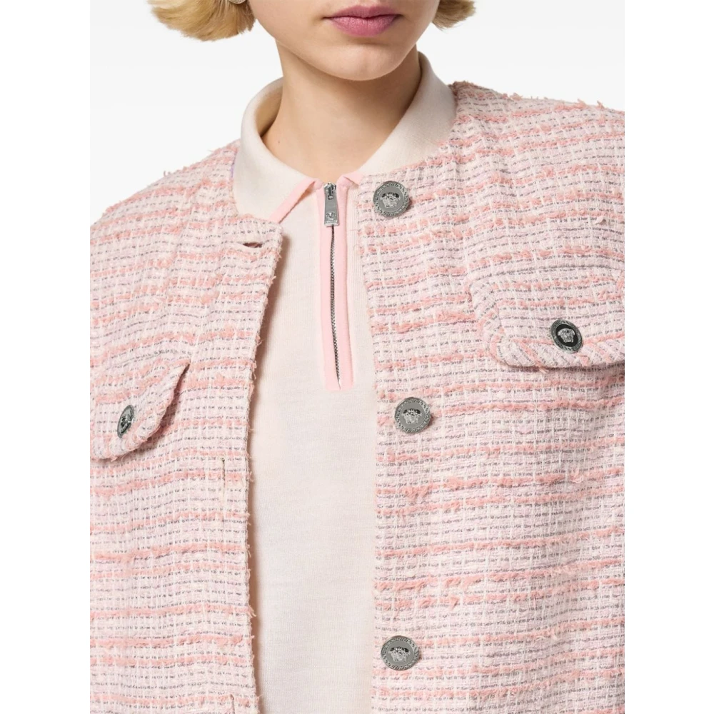 Versace Gestreepte Katoenen Tweed Franje Vest Pink Dames