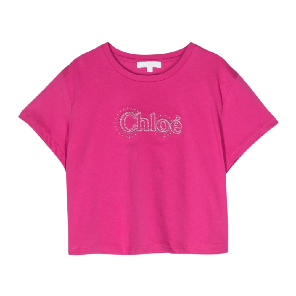 Chloé Fuchsia Cropped T-shirt med Logobroderi Pink, Flicka