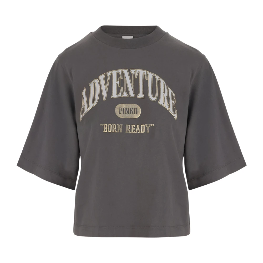 Pinko Katoen Logo Print Crew Neck T-Shirt Brown Dames