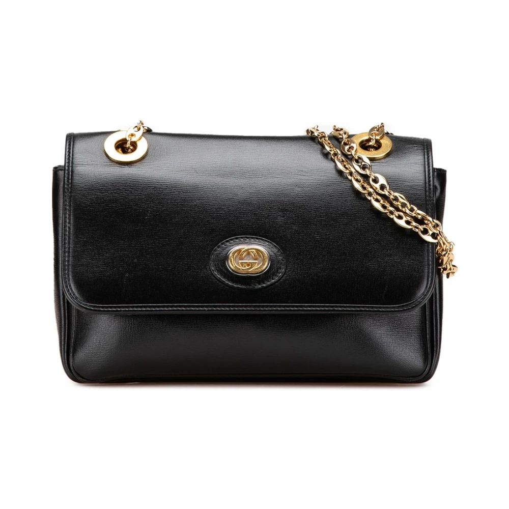 Gucci Vintage Women's Black Pre-Owned Elegant Chain Shoulder Bag With Flap Closure Fashionable Handbag