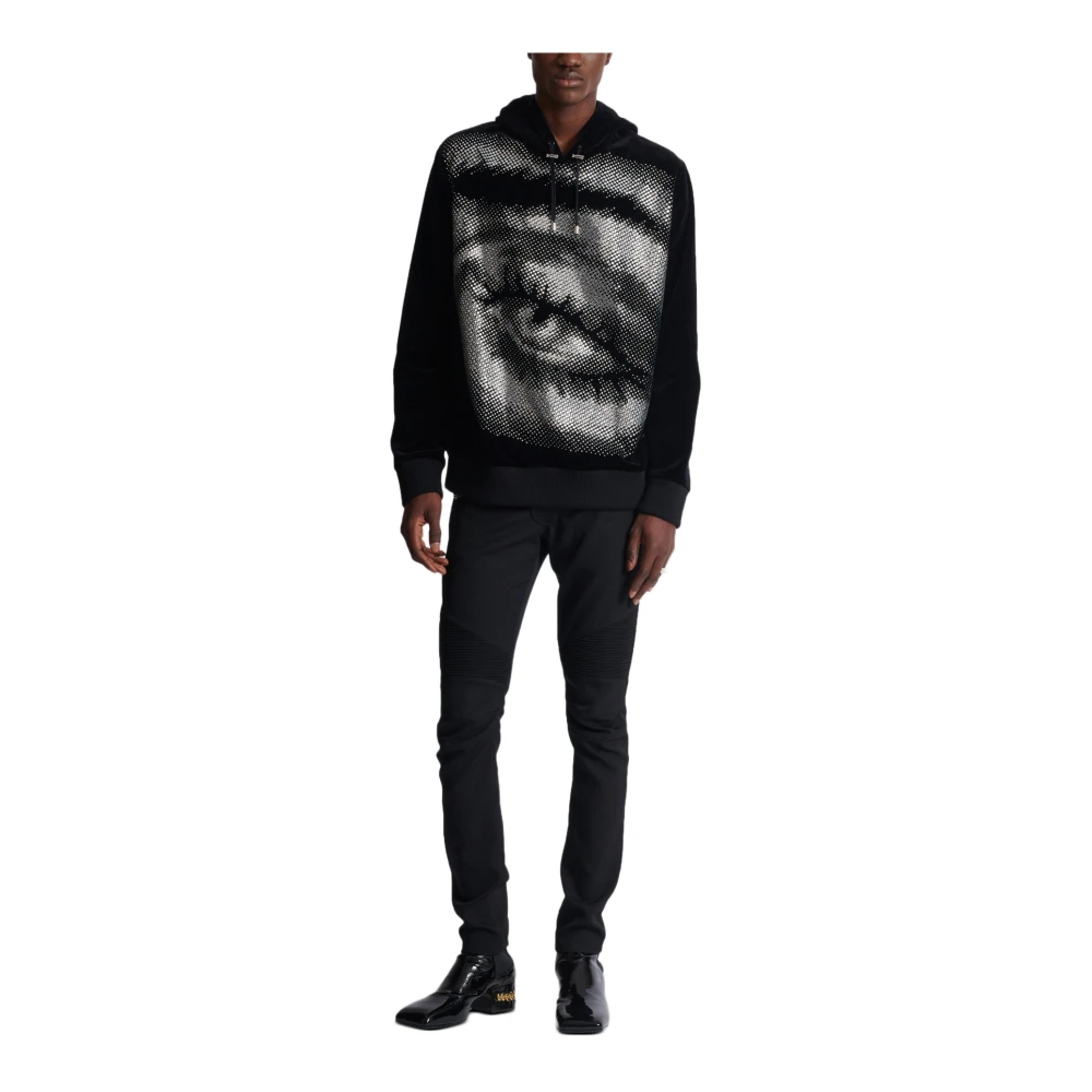 Balmain Velvet hoodie met kristallen in een Oog motief Black Heren
