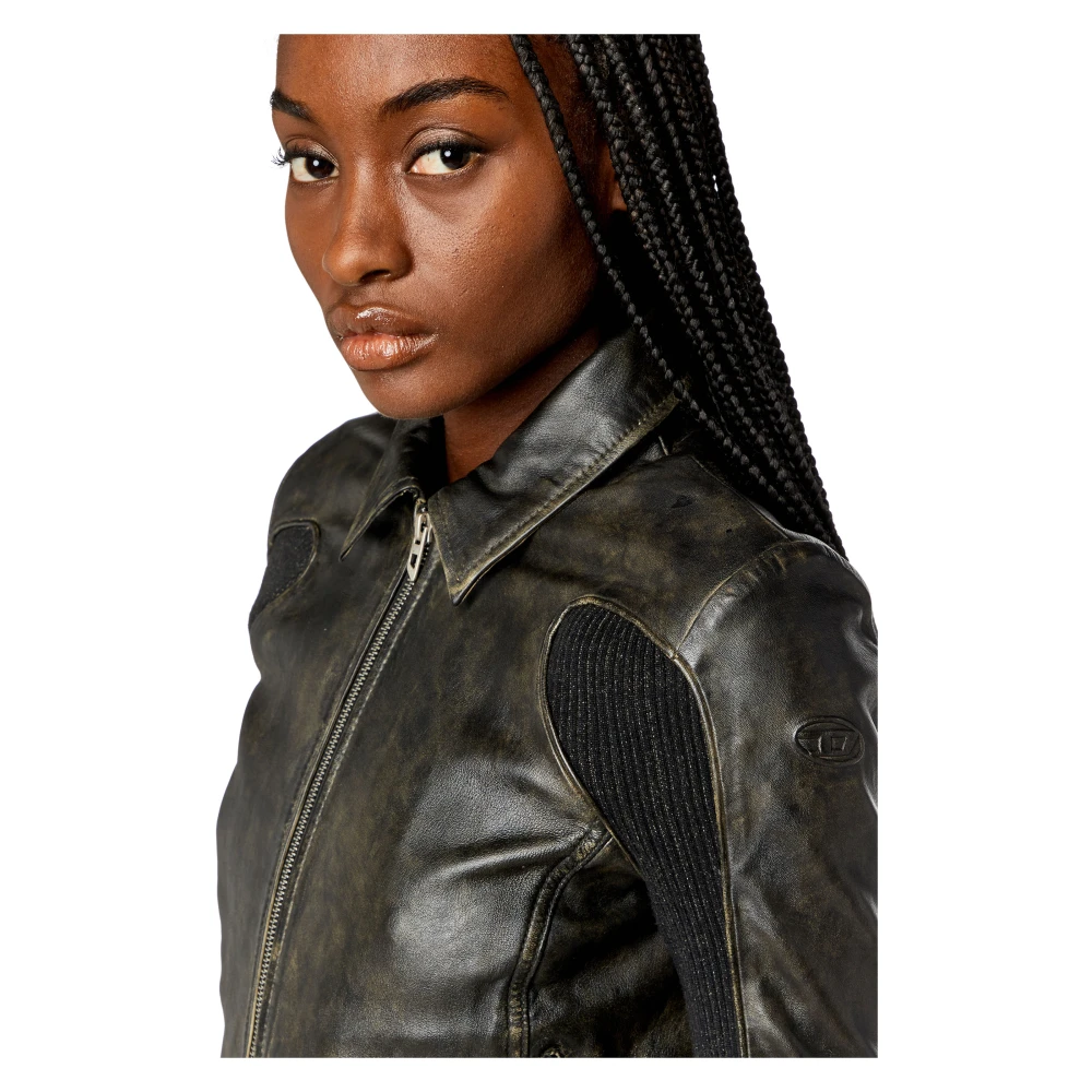 Diesel Cropped leather jacket with knit panels Black Dames