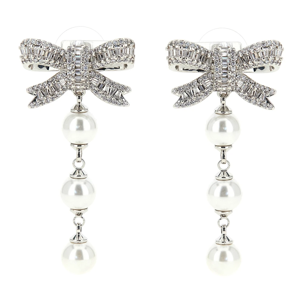 Self Portrait Women's Gray Earrings, One Size, Crystal Bow Pearl Droplet Earrings