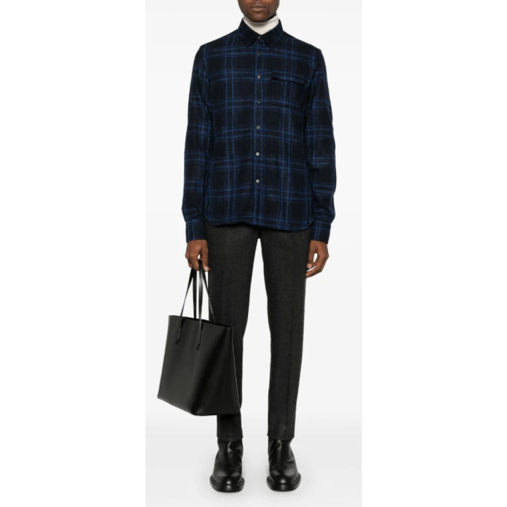 Kiton Navy Blue Plaid Shirt Blue Heren