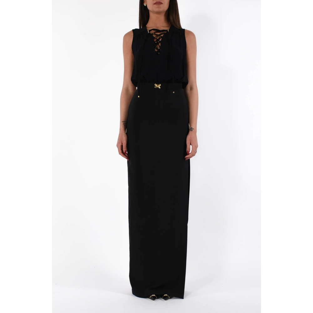 Elisabetta Franchi Lange Crêpe Jurk met Georgette Veters Black Dames