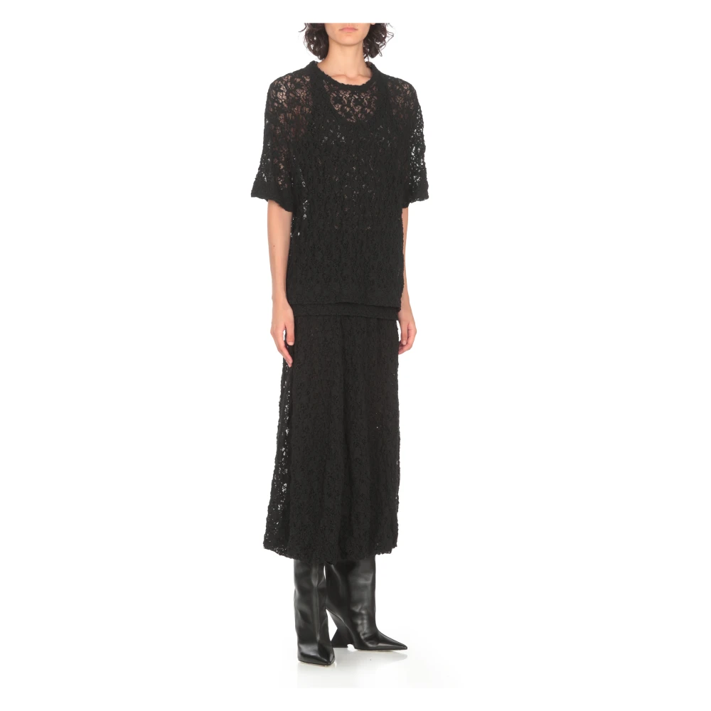 Jil Sander Zwart Kant Top Ronde Hals Korte Mouw Black Dames