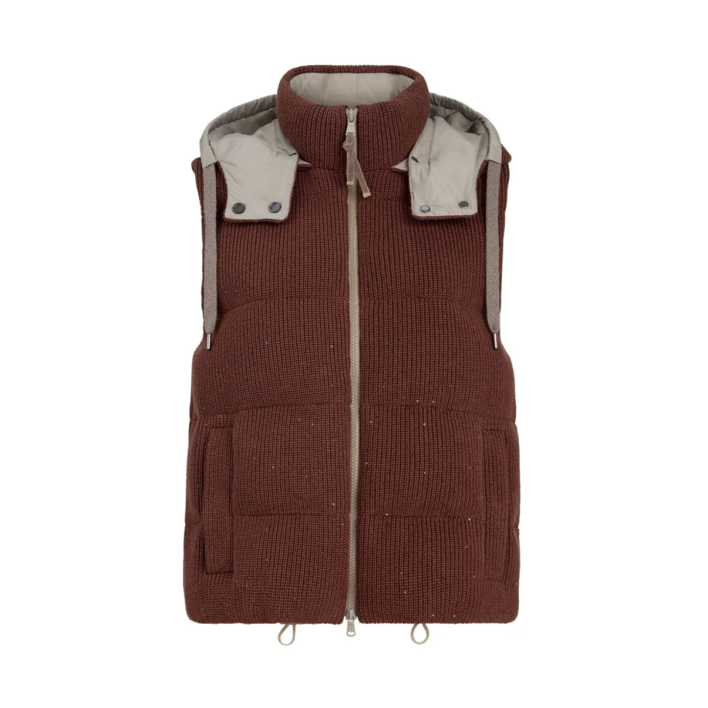 Brunello Cucinelli Red Waistcoats, Female, M, Gilet Con Zip E Cappuccio