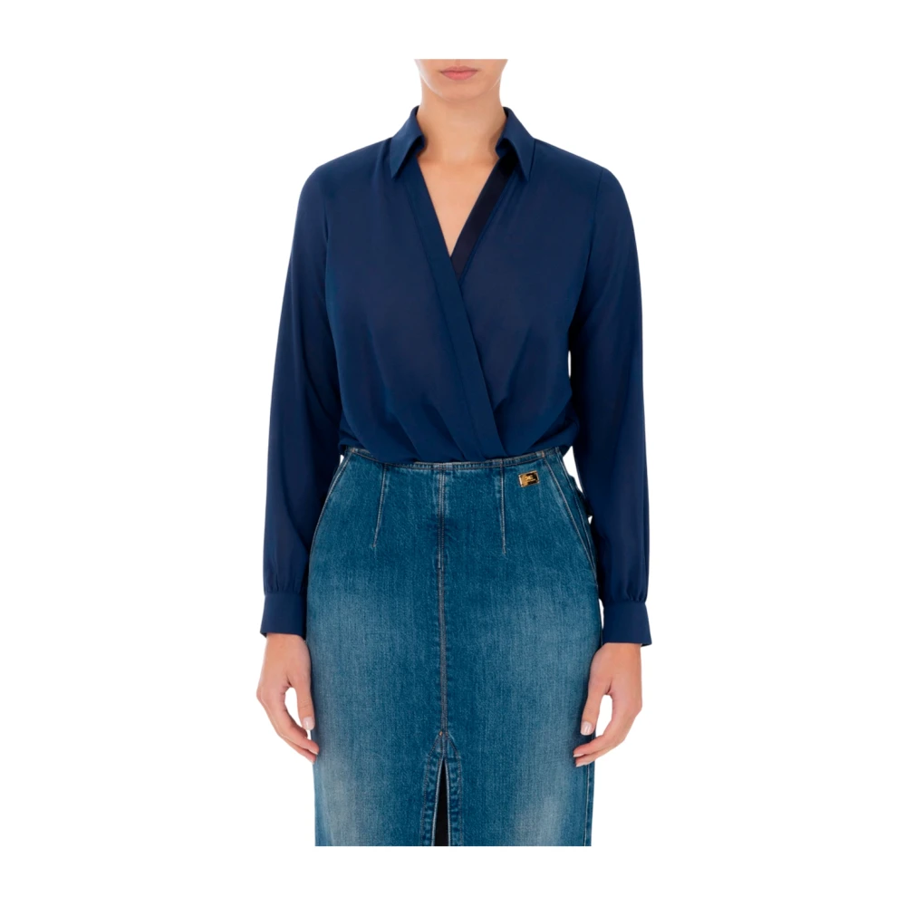 Elisabetta Franchi Georgette Jacquard Lettering Cross-Neck Shirt Blue Dames