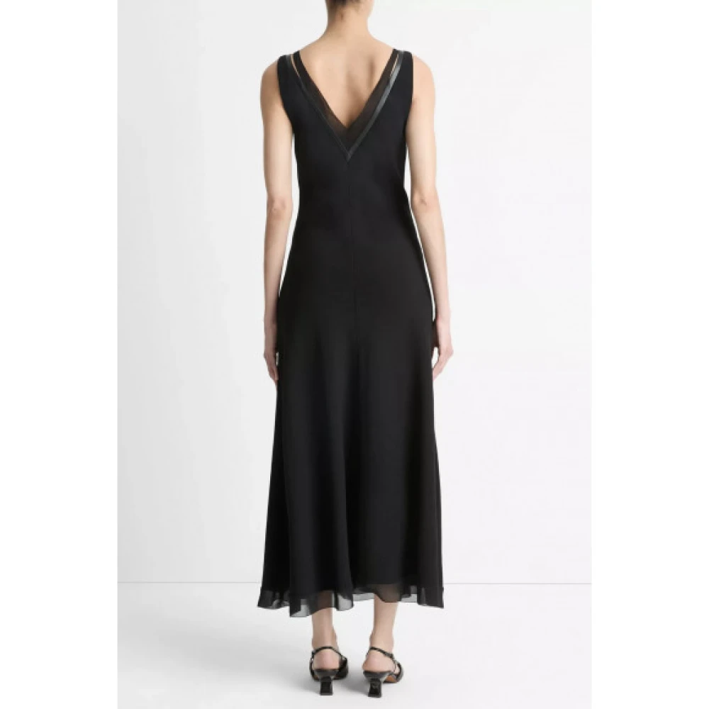 Vince Chiffon Faux-Leather Layered Slip Jurk Black Dames