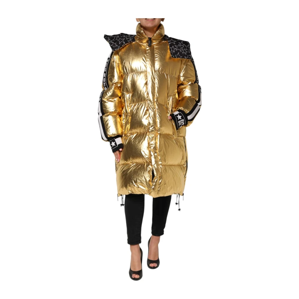 Dolce & Gabbana Women's Gold Luxurious Hooded Puffer Jacket With Logo