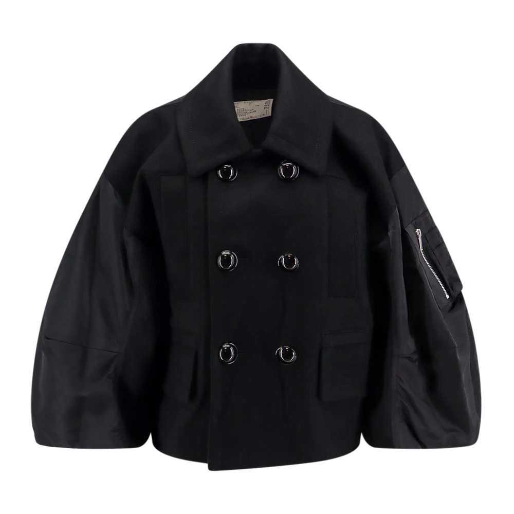 Sacai Zwarte Wollen Jas Dubbele Knopen Black Dames