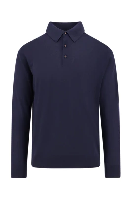 Blå Långärmad Ribbad Krage Polo