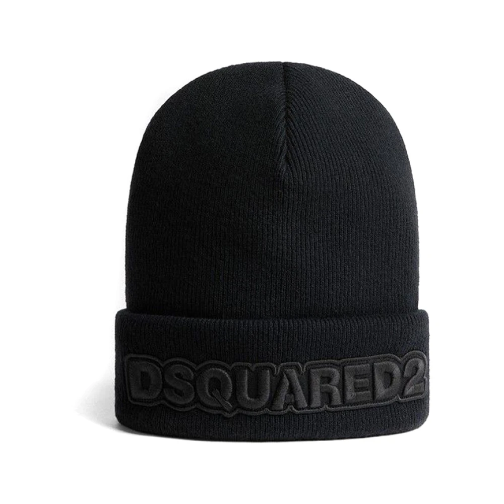Dsquared2 Men's Black Logo Embroidered Knit Beanie