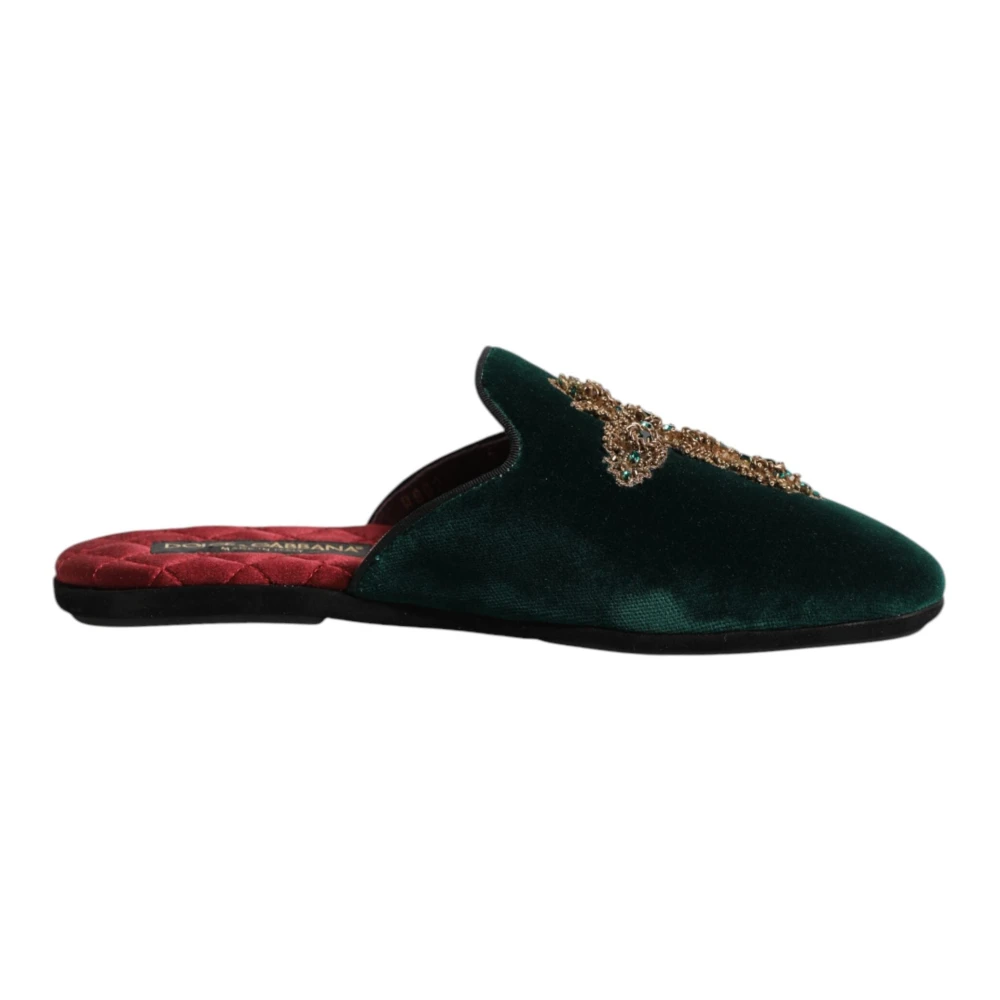 Dolce & Gabbana Men's Green Velvet Cross Embellished Slippers - Slippers - 6 Uk - Shoes