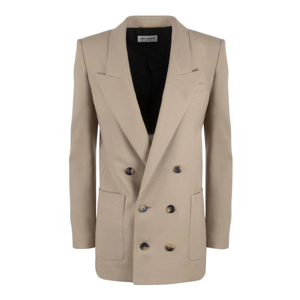 Saint Laurent Wollen Gabardine Double-Breasted Blazer Beige Dames