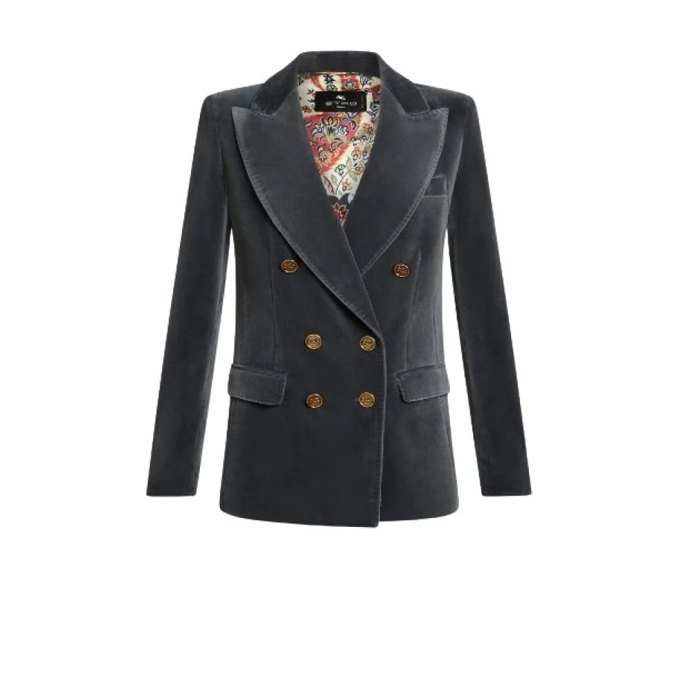 ETRO Dubbelbreasted fluwelen katoenen jas met metalen knopen Black Dames