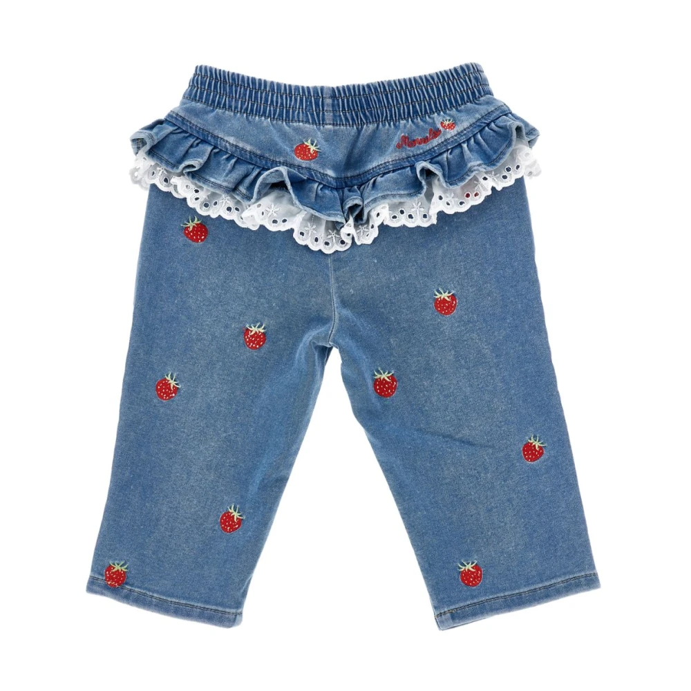 Monnalisa , Jeans, Female, Blue, 12 M, Strawberry-Embroidered Ruffled Jeans