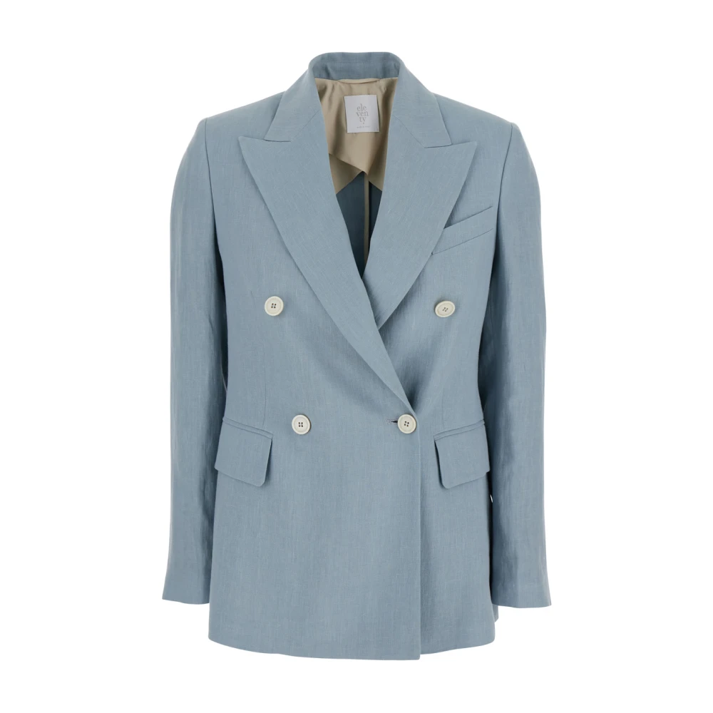Eleventy Blauwe Linnen Dubbel-Borst Peak Revers Jas Blue Dames