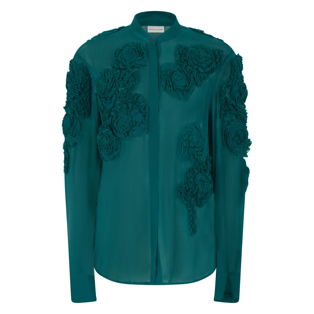 Dries Van Noten Women's Green Shirt With Floral Embroidery - Shirts - M - Blouses & Shirts