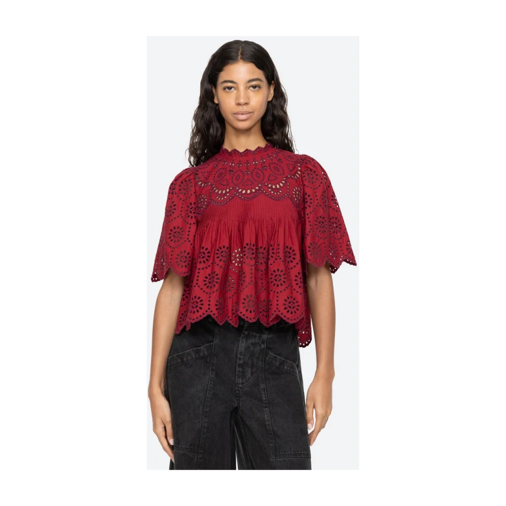 Sea NY Geborduurde top met korte mouwen en pofmouwen Red Dames