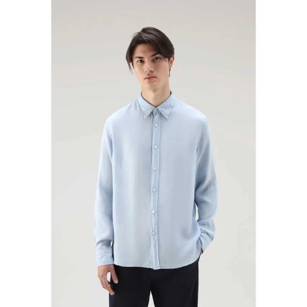 Woolrich Linnen overhemd met opstaande kraag Blue Heren