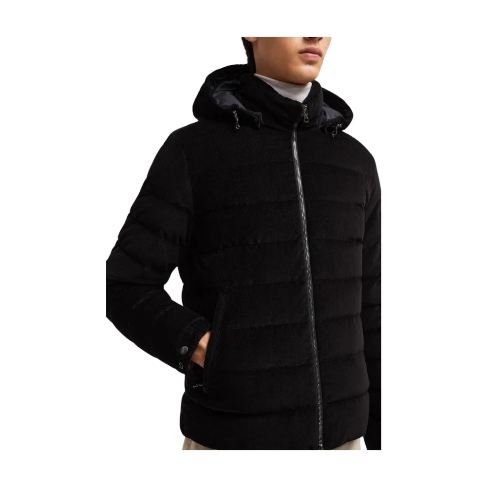 Moncler Corduroy Donsjas met Leren Afwerking Black Heren