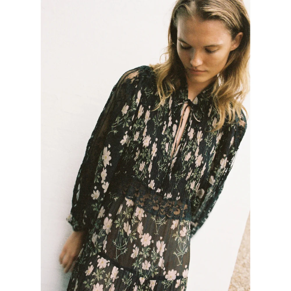 Sea NY Bloemenprint Midi Jurk met Kantinzetten Black Dames
