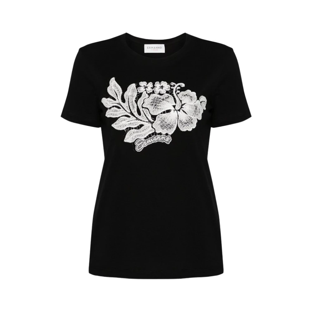 Ermanno Scervino Bloemen Geborduurd Katoenen T-shirt Black Dames