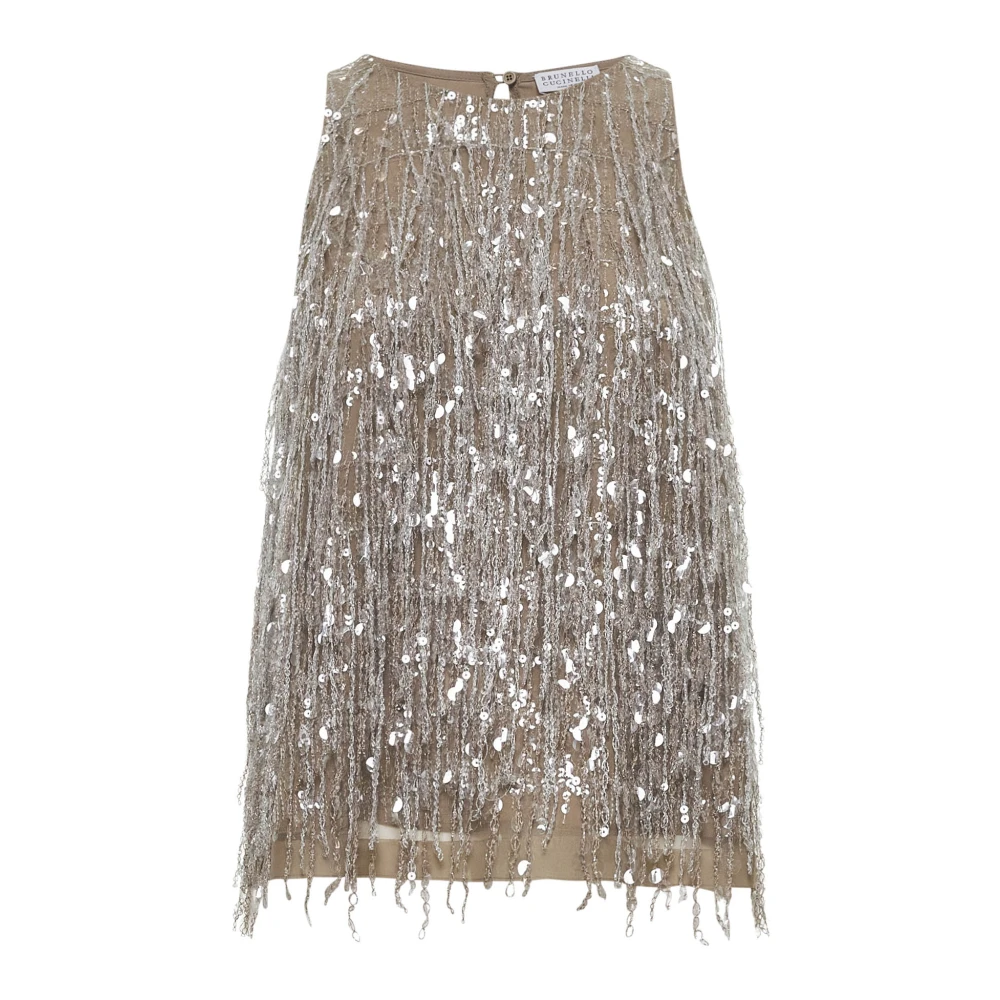 BRUNELLO CUCINELLI Paillet Franje Halter Top Walnoot Beige Dames