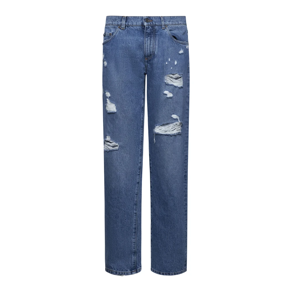 Blå Distressed Jeans med Logodetaljer