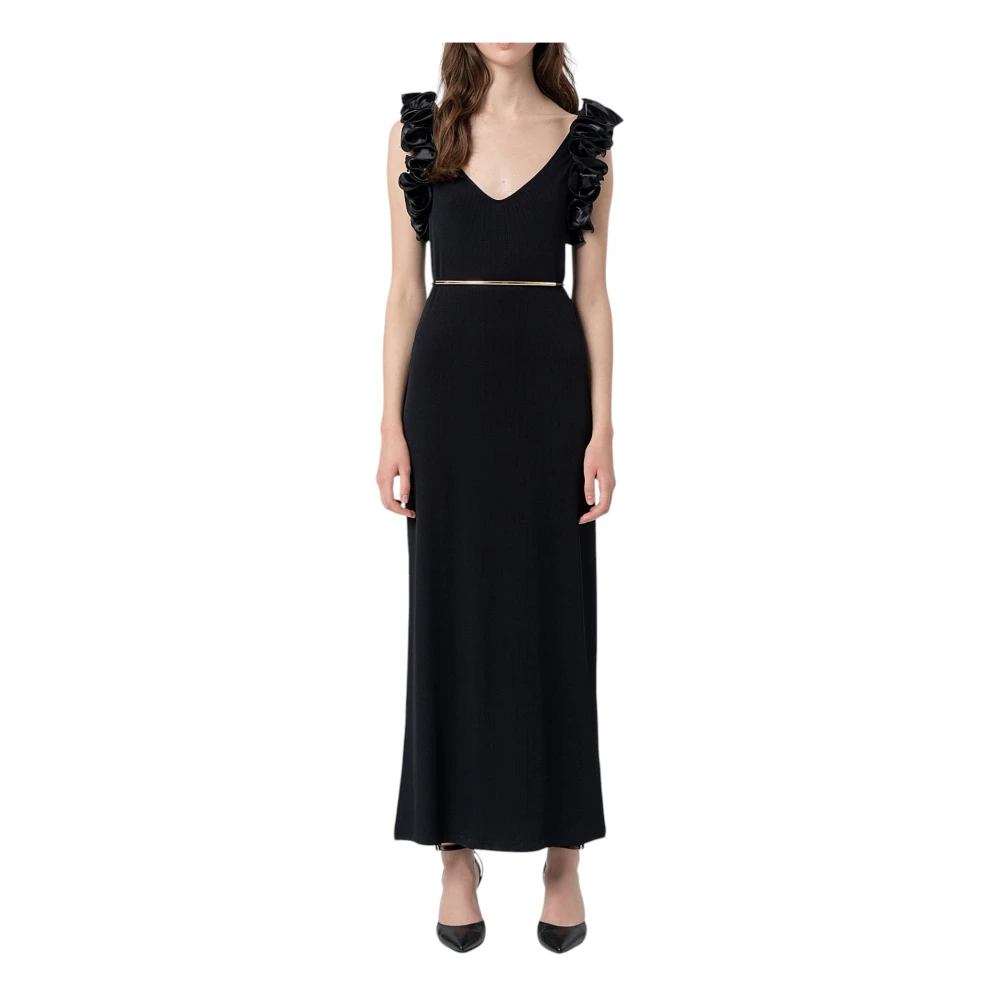 Fracomina Black Maxi Dresses, Female, Xl, Long Dress Tight Fit With Ribs