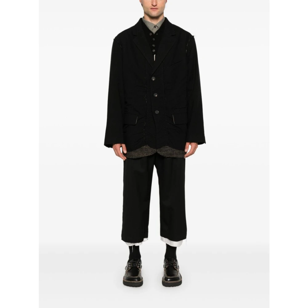 Ziggy Chen Zwart wollen en linnen jas Black Heren