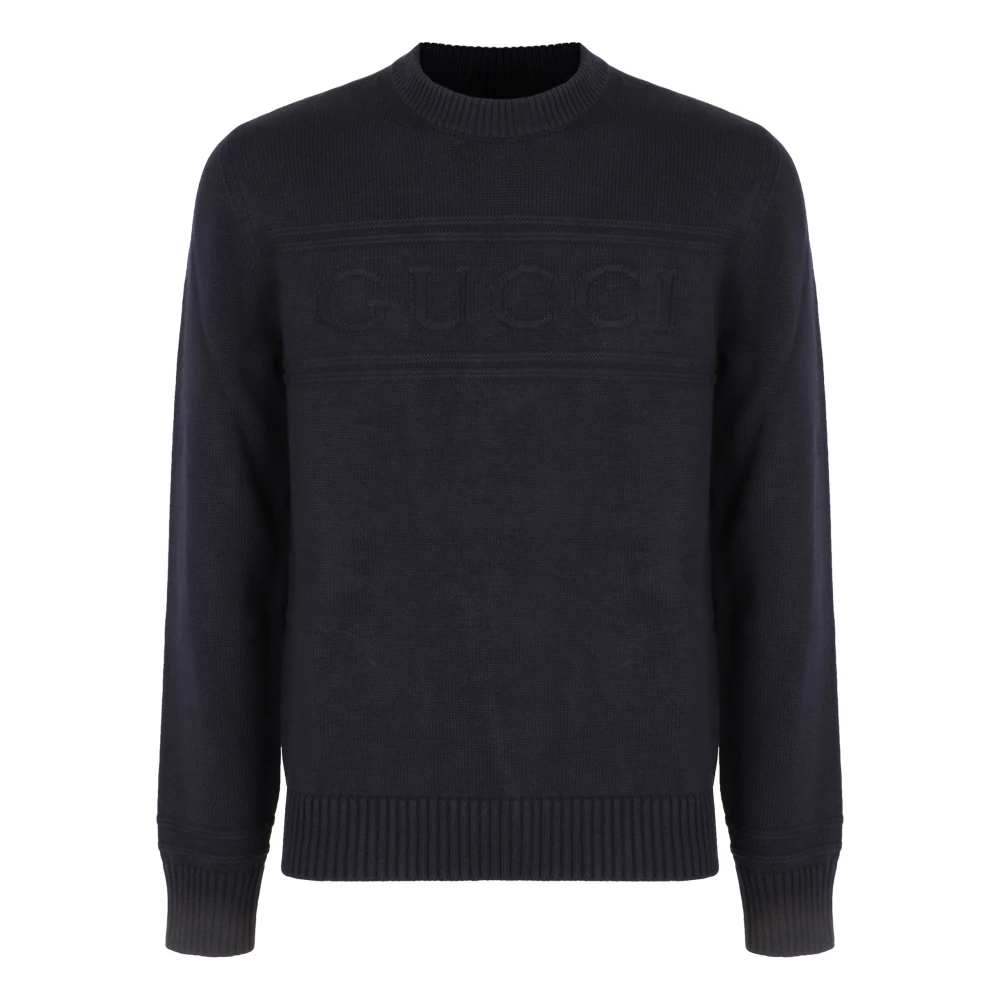 Gucci Blue Round-Neck Knitwear, Male, Xs, Knit Cotton Wool Jumper With Intarsia